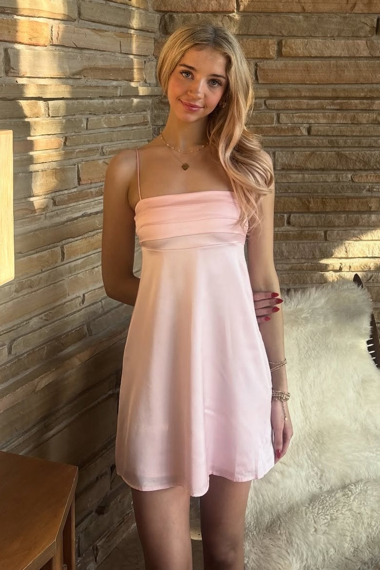 Cute A Line Spaghetti Straps Light Pink Satin Short Homecoming Dress with Ruched