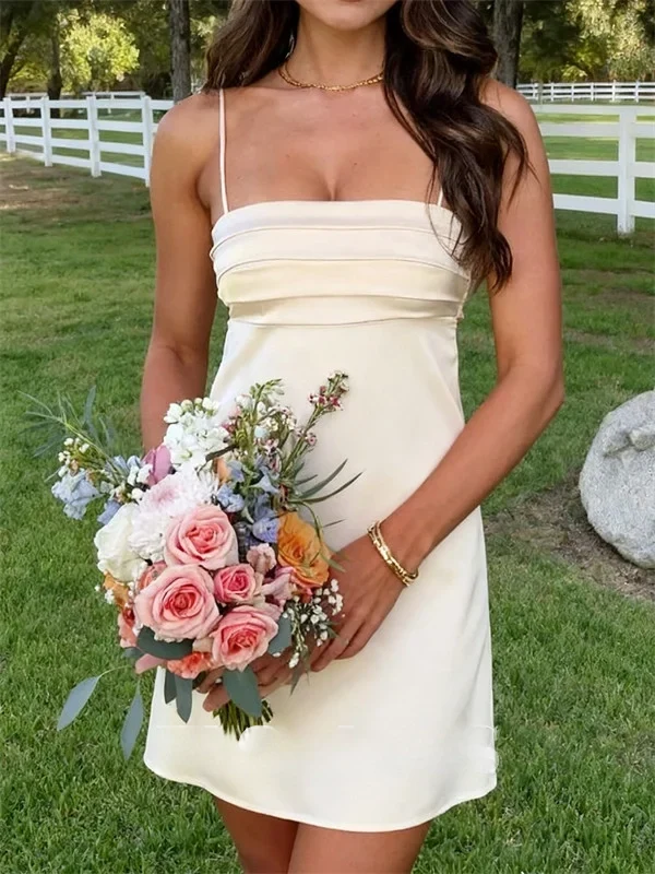 Cute A Line Spaghetti Straps Light Pink Satin Short Homecoming Dress with Ruched