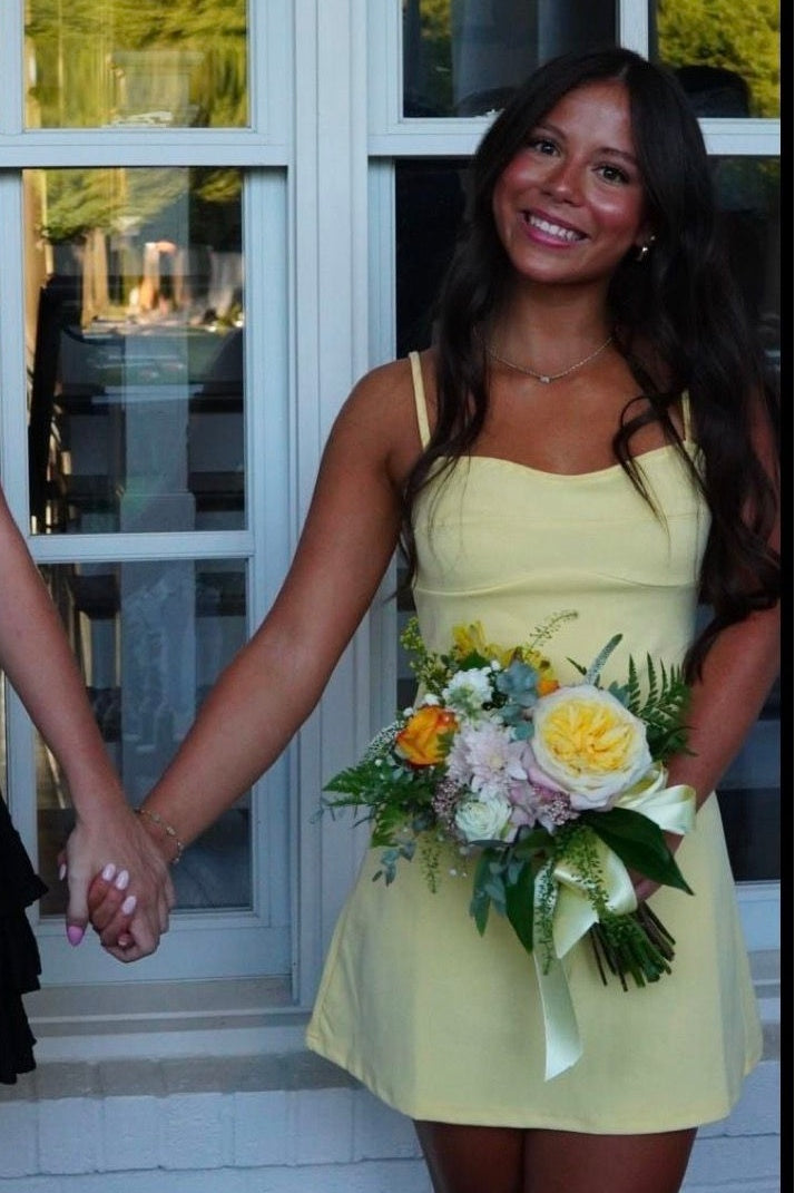 Chic A Line Spaghetti Straps Yellow Short Homecoming Dress