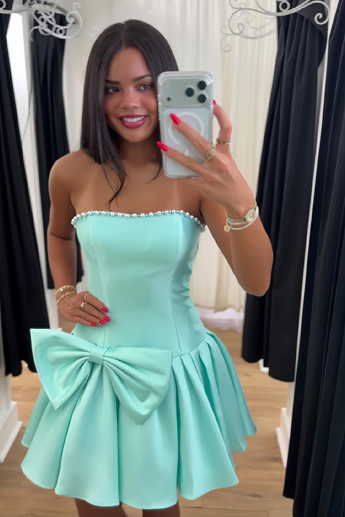 Cute A Line Strapless Light Green Short Homecoming Dress with Pearls Bowknot
