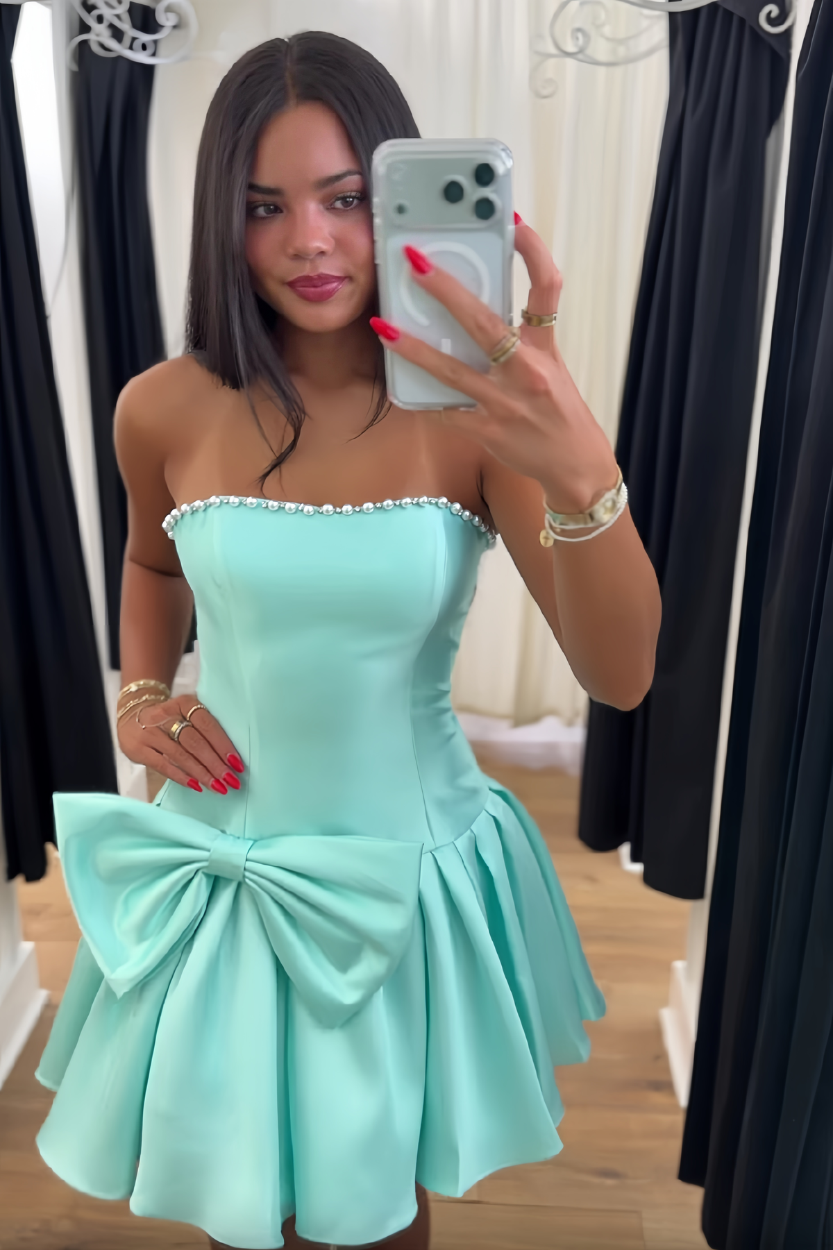 Cute A Line Strapless Light Green Short Homecoming Dress with Pearls Bowknot
