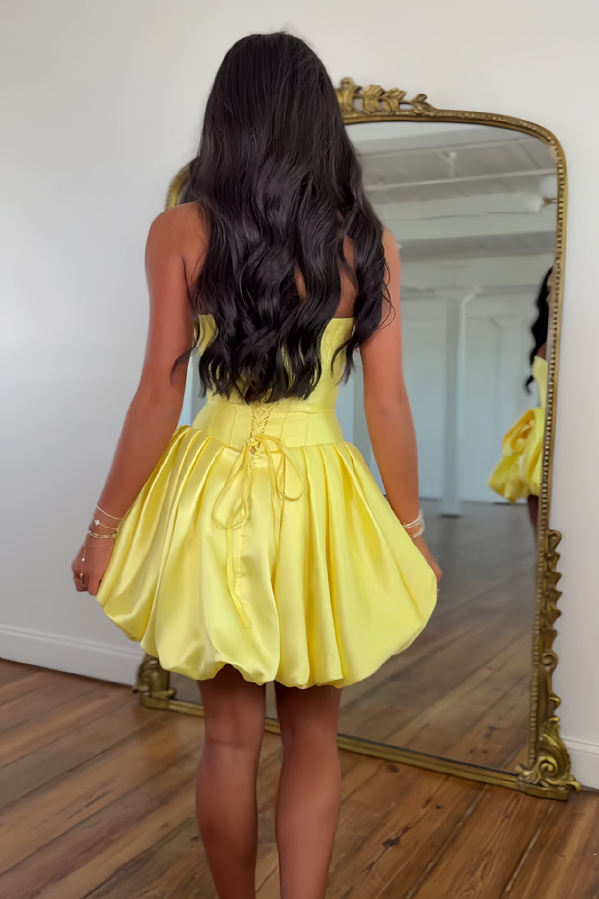 Cute A Line Strapless Yellow Corset Homecoming Dress with 3D Flowers