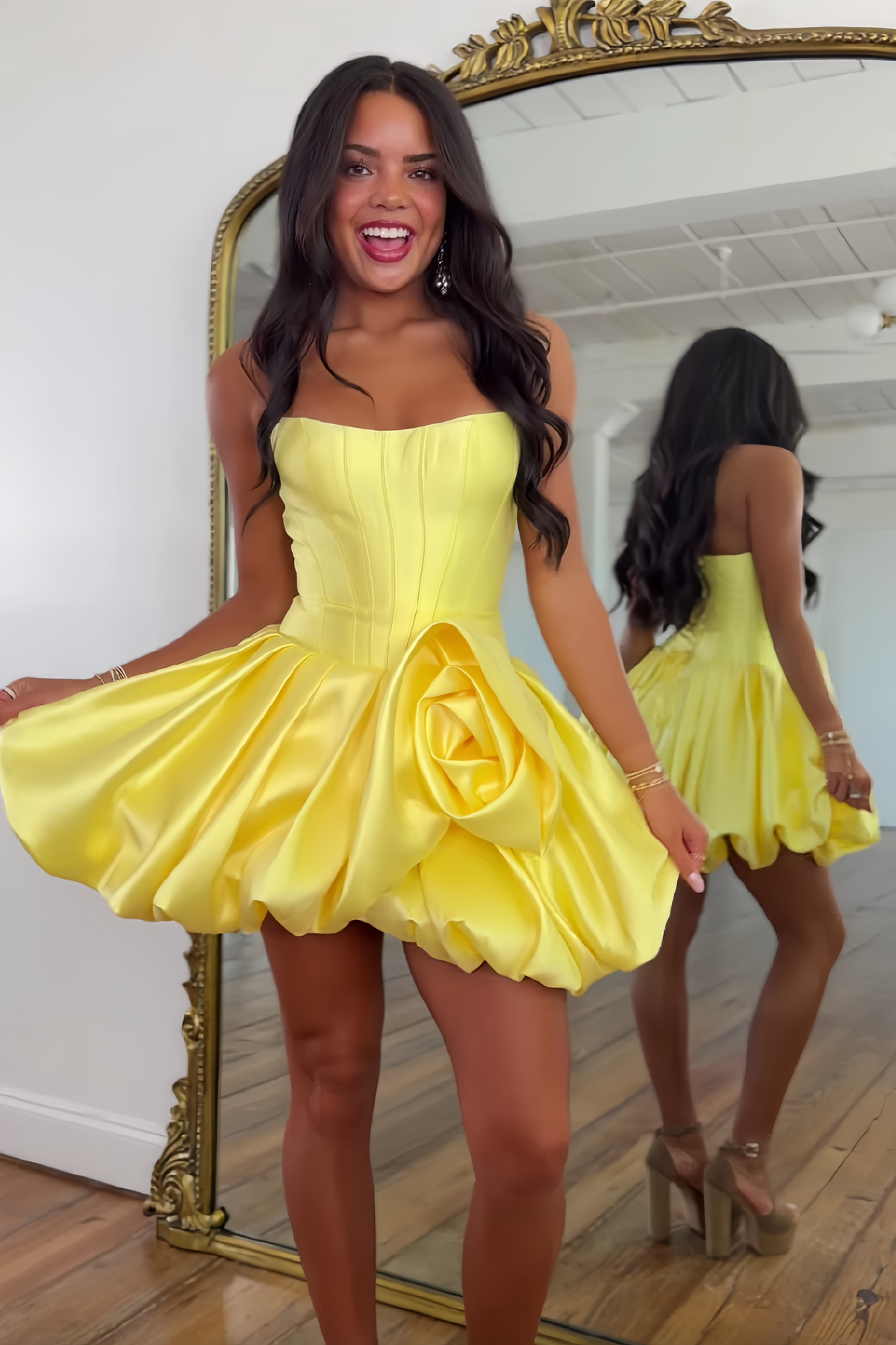 Cute A Line Strapless Yellow Corset Homecoming Dress with 3D Flowers