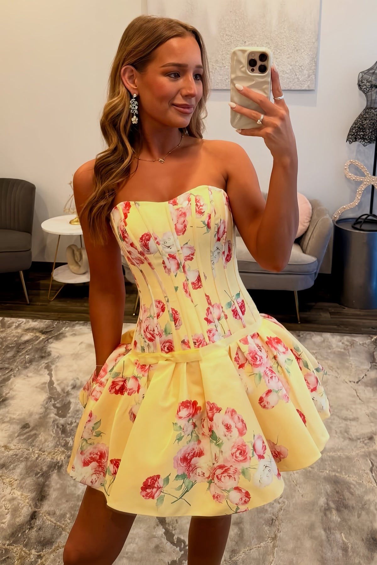Cute A Line Sweetheart Yellow Corset Homecoming Dress with Printed Flower Bowknot