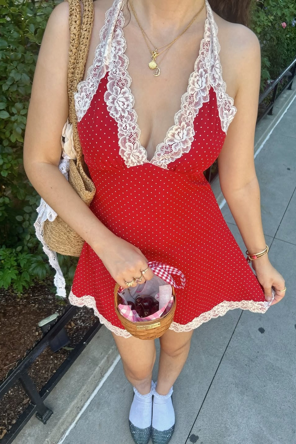 Cute A Line Halter Neck Red Polka Dots Short Homecoming Dress with Lace