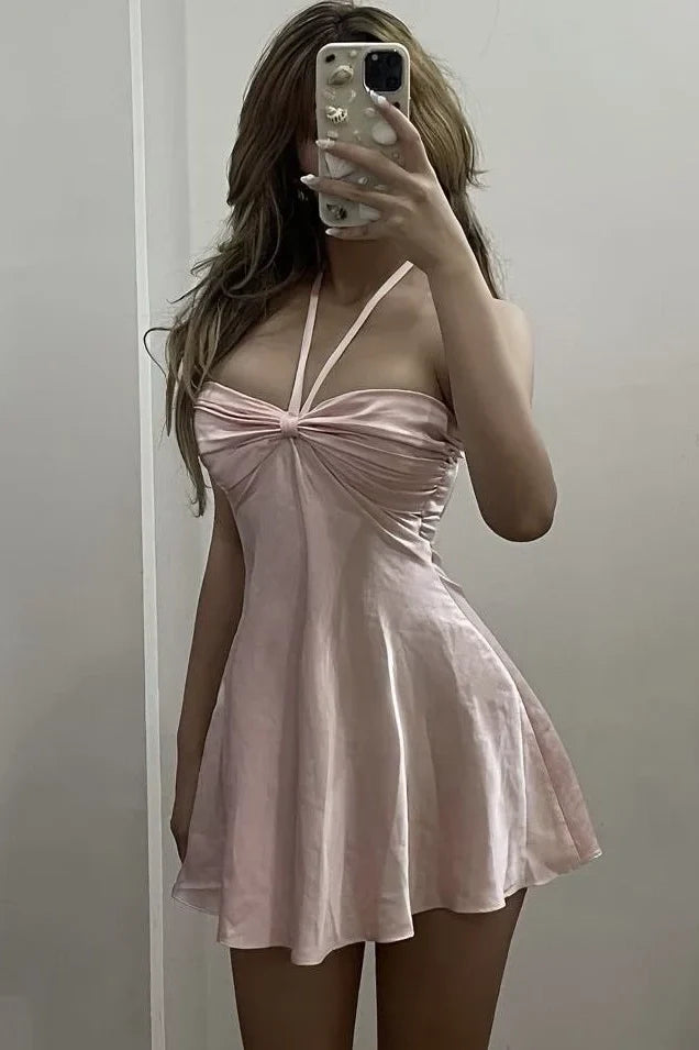 Cute Blush Pink Halter Neck Corset-Style Satin Mini Homecoming Dress