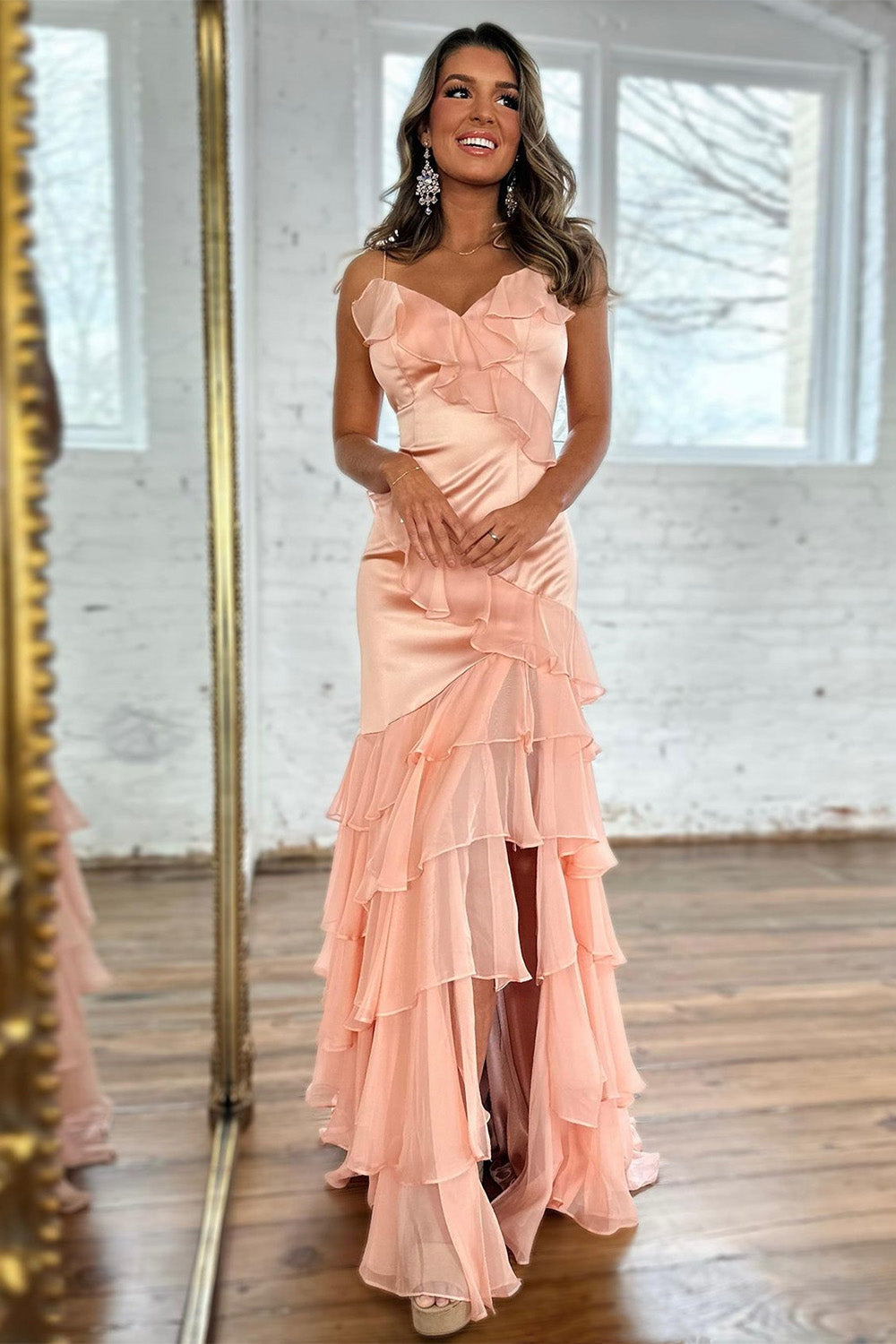 Blush Satin Spaghetti Straps Mermaid Zipper Back Long Prom Dress With Ruffles - VelvetHem