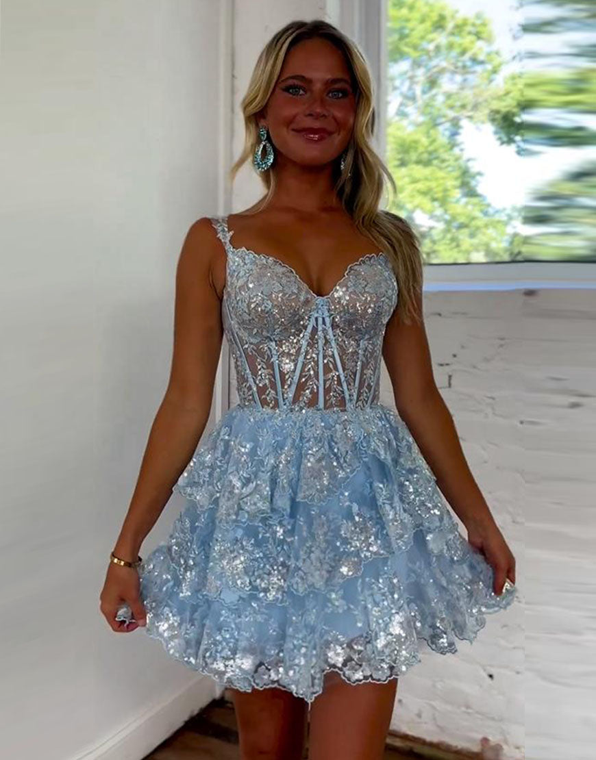 Stunning A-Line Off The Shoulder Tiered Glitter Homecoming Dress With Appliques