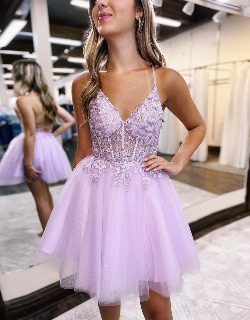 Cute Lilac A-Line Lace Up Tulle Homecoming Dress With Appliques