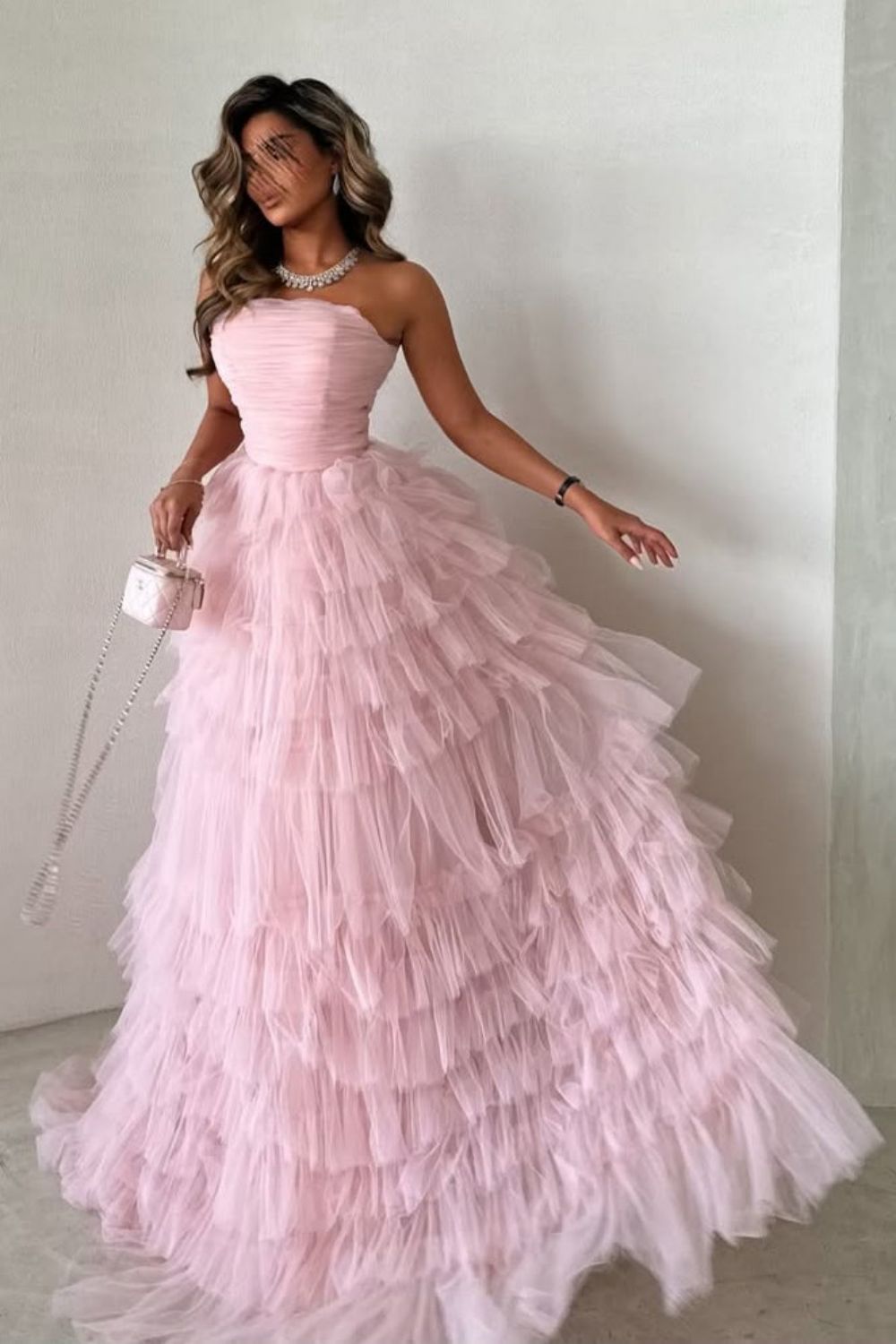 Cute Pink A-Line Strapless Lace Up Long Layered Tulle Prom Dress