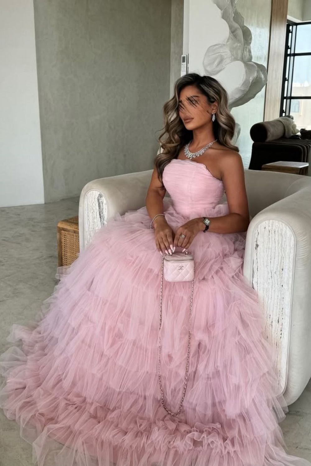 Cute Pink A-Line Strapless Lace Up Long Layered Tulle Prom Dress