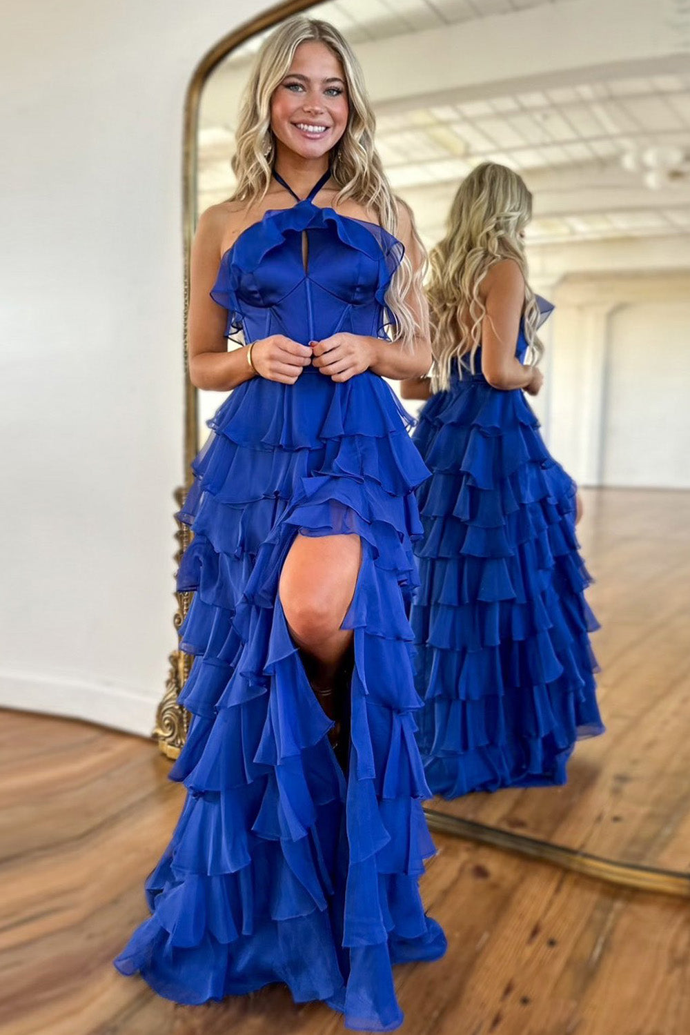Cute Royal Blue A-Line Halter Neck Long Tiered Prom Dress with Slit