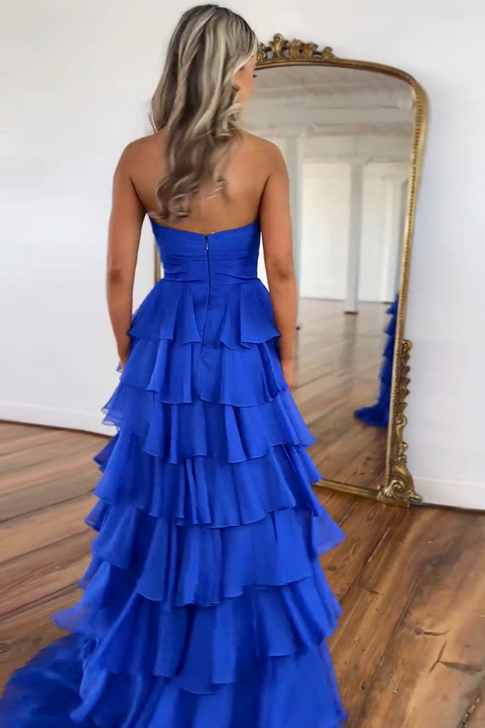 Sweety A-Line Sweetheart Pink Printed Long Tiered Prom Dress with Slit - View 6 | VelvetHem