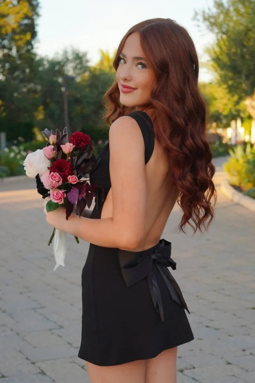 Sweety A Line Square Neck Black Short Homecoming Dress with Bowknot Back