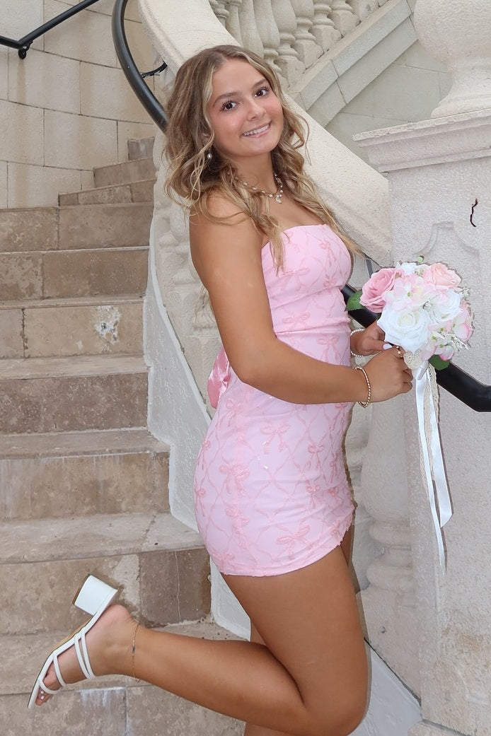 Cute Sheath Strapless Light Pink Short Homecoming Dress with Sequins