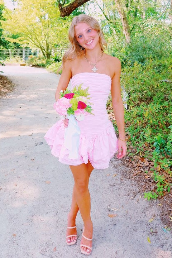 Cute A Line Strapless Light Pink Short Homecoming Dress with Ruffles