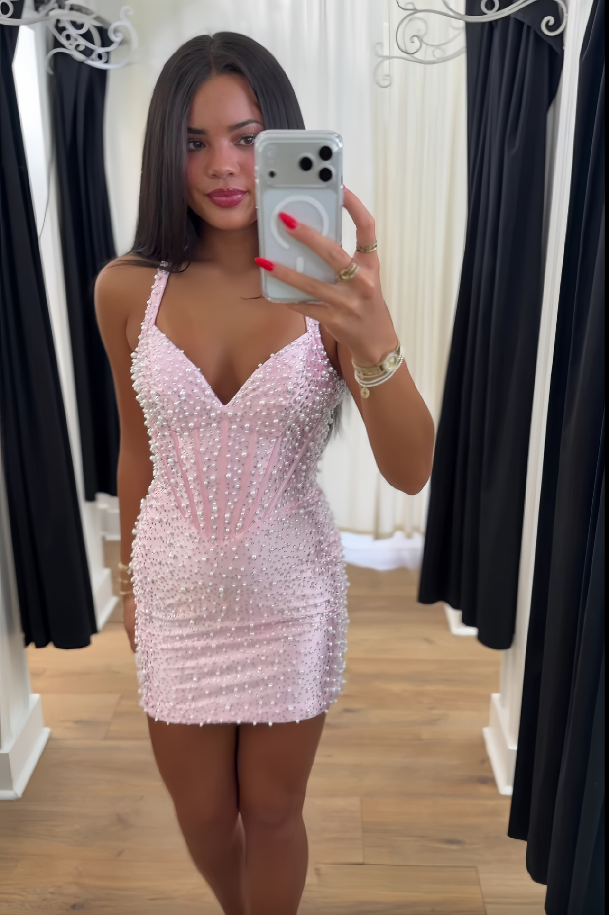 Cute Sheath Sweetheart Pink Corset Homecoming Dress with Pearls