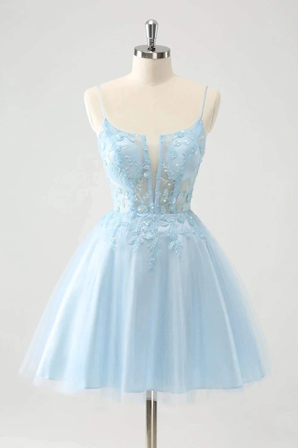 Cute Blush A Line Spaghetti Straps Corset Short Homecoming Dress with Appliques by WEDTREND