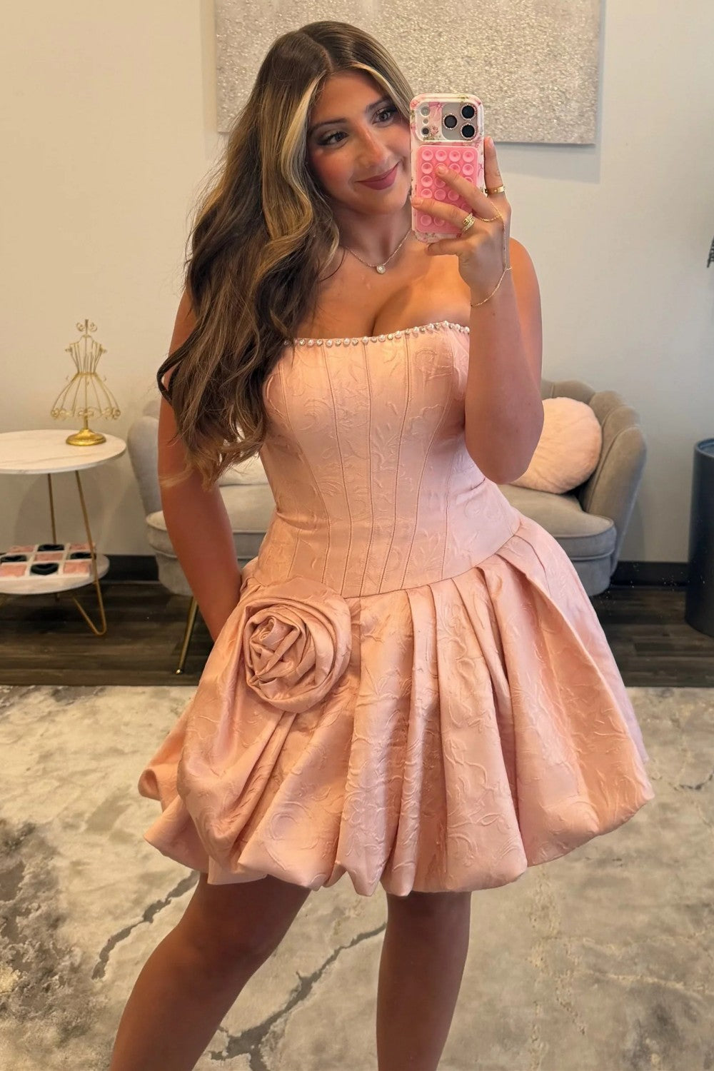Fashionable A Line Strapless Lilac Floral Printed Corset Homecoming Dress with 3D Flowers