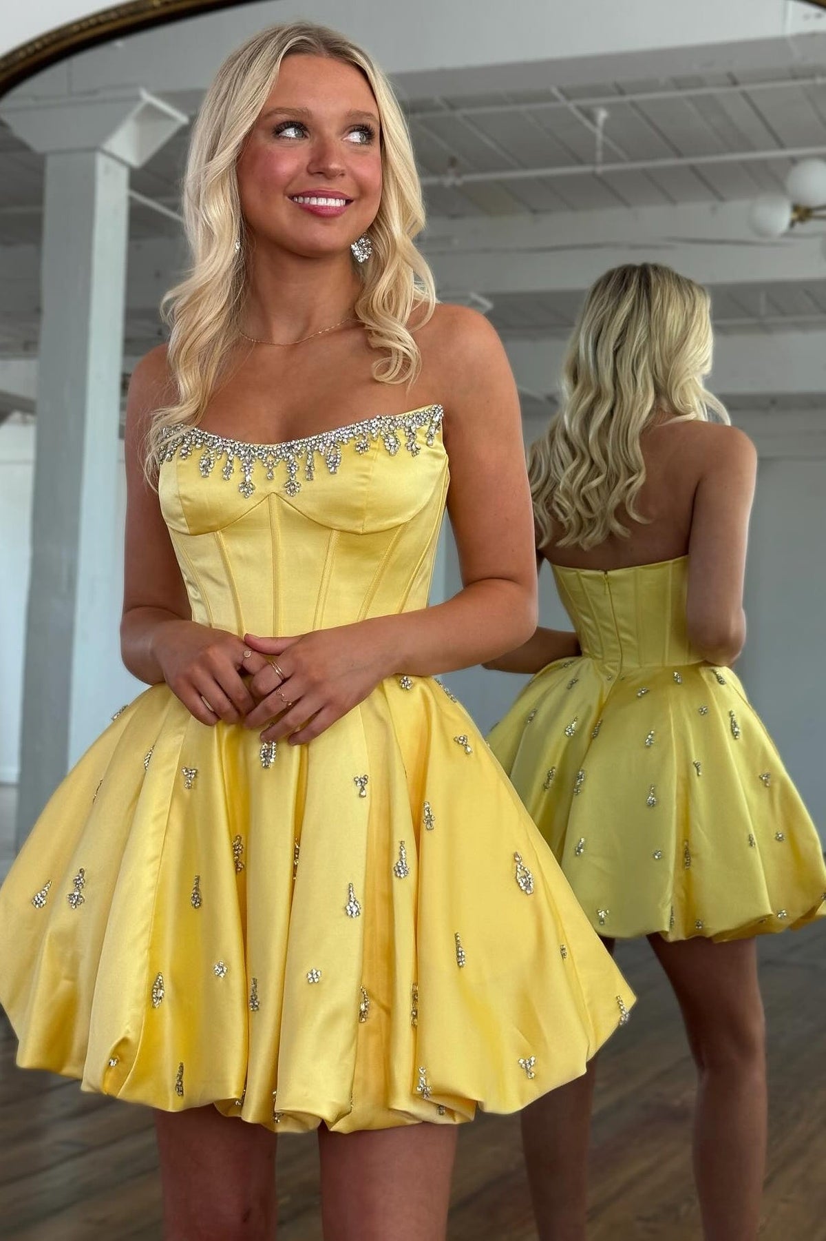 Cute A Line Strapless Yellow Corset Homecoming Dress with Beading
