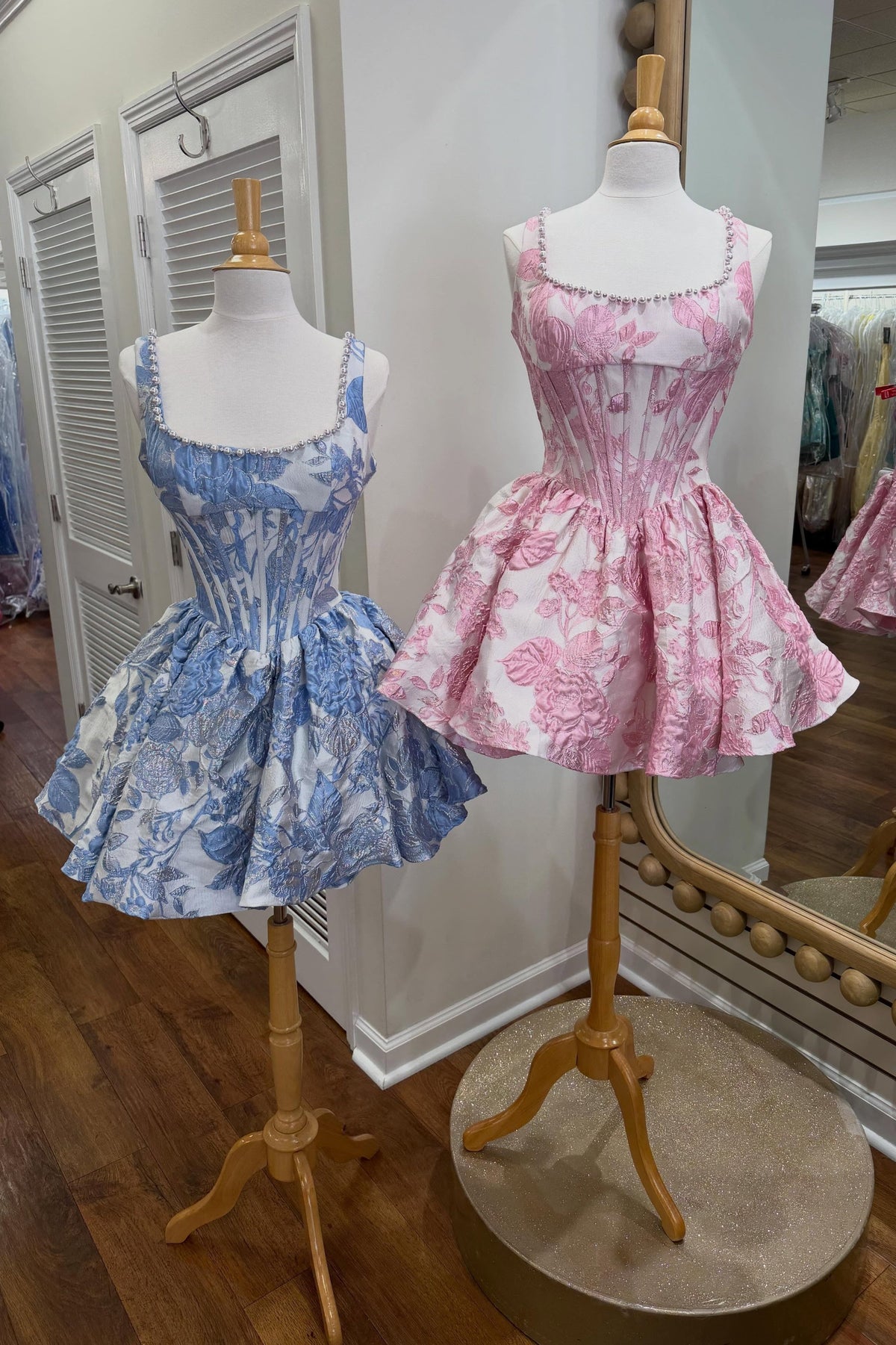 Cute Pink Square Neck Rose Print Homecoming Dress with Fit and Flare Skirt