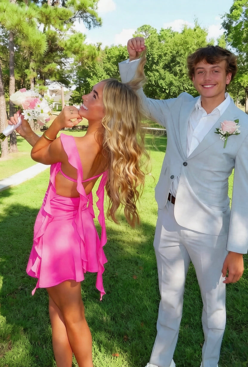 Cute Sheath Square Neck Pink Short Homecoming Dress with Backless