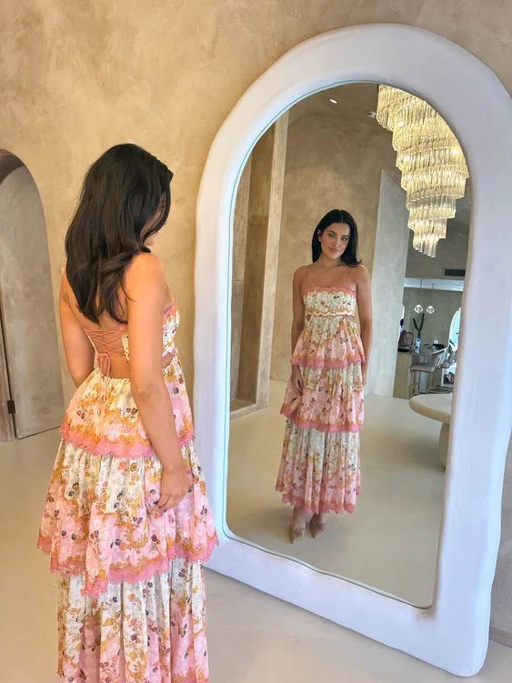 Modest Ball Gown Spaghetti Straps Pink Flowers Long Prom Dress