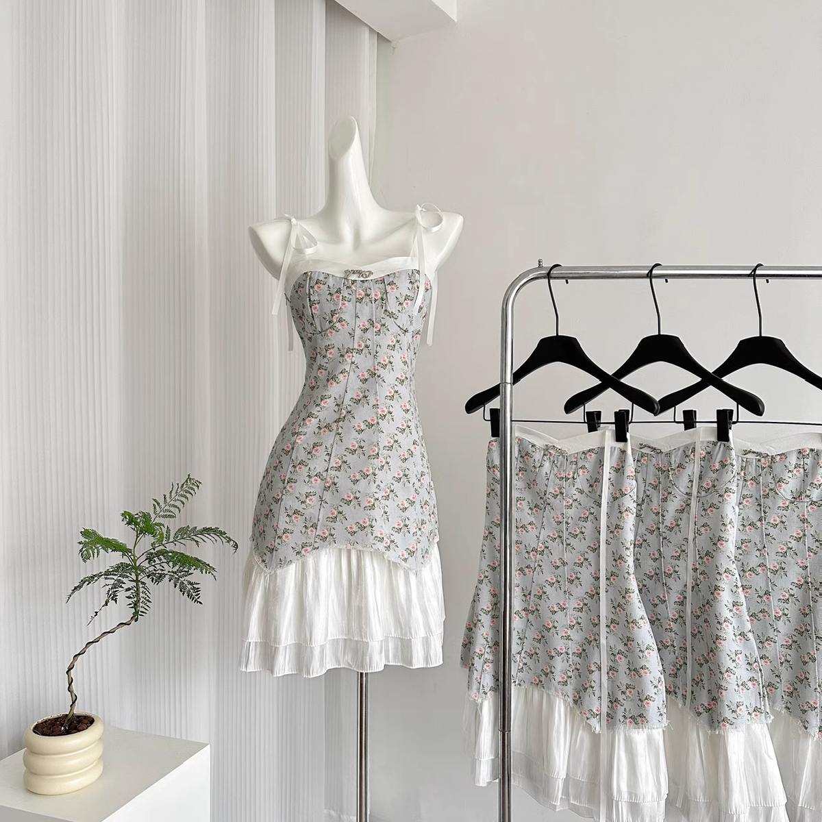 Cute A line Spaghetti Straps Blue Sleeveless Floral Dress Short Holiday Dresses - VelvetHem