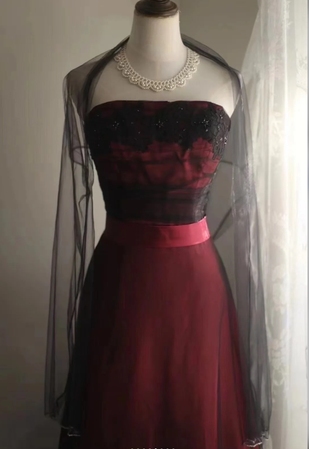 Vintage Burgundy Strapless Satin Tulle Appliques Mermaid Long Party Dress Evening Gown - View 2 | VelvetHem