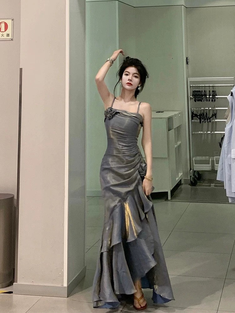 Retro Mermaid Spaghetti Straps Prom Dresses Gray Long Party Dress