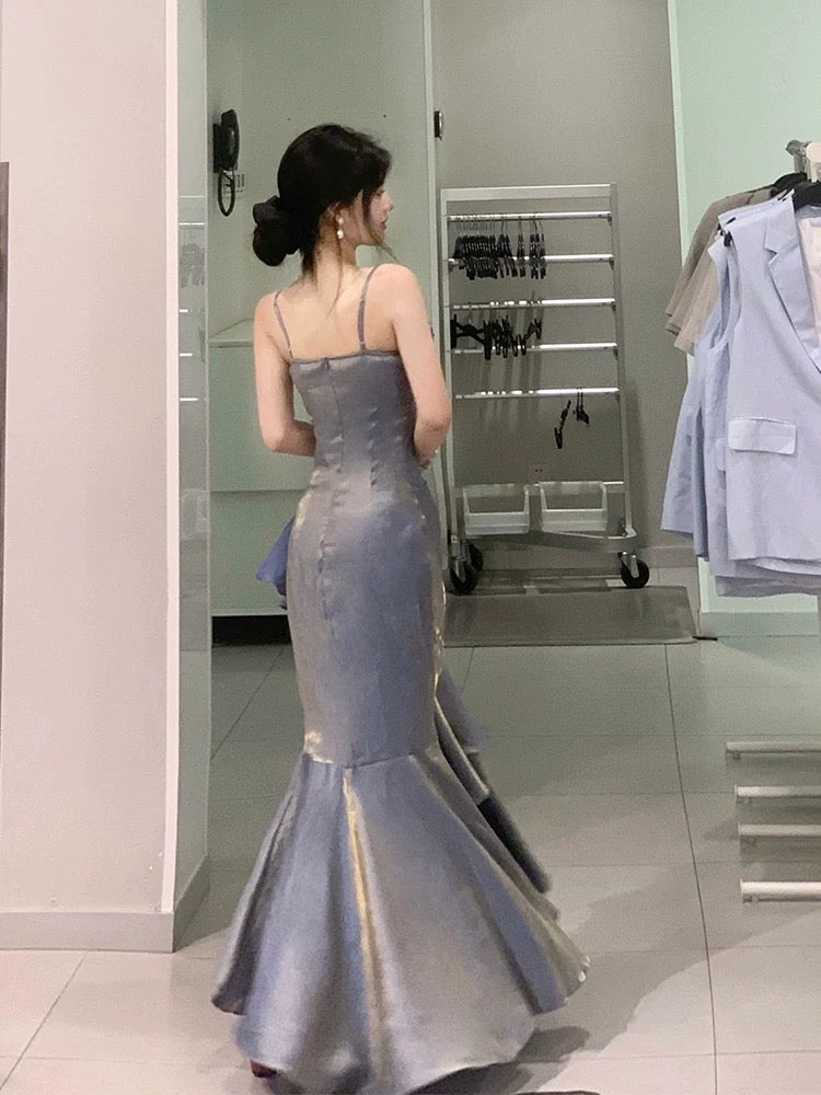 Retro Mermaid Spaghetti Straps Prom Dresses Gray Long Party Dress