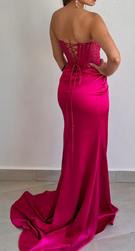 Pretty Mermaid Spaghetti Straps Hot Pink Long Satin Prom Dresses Formal Evening Dress