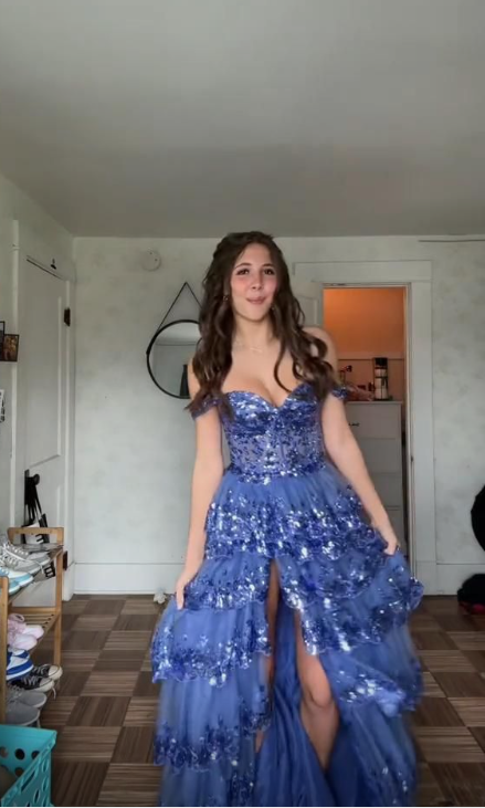 Sparkly Blue Tulle Sequins Layered Evening Dress Formal Slit Prom Dress Y7961 - VelvetHem