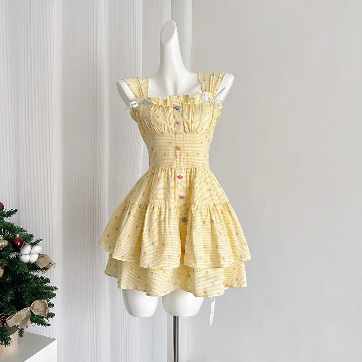 Cute A line Strapless Sleeveless Yellow Floral Holiday Dresses Beach Dress Birthday Outfits - View 4 | VelvetHem