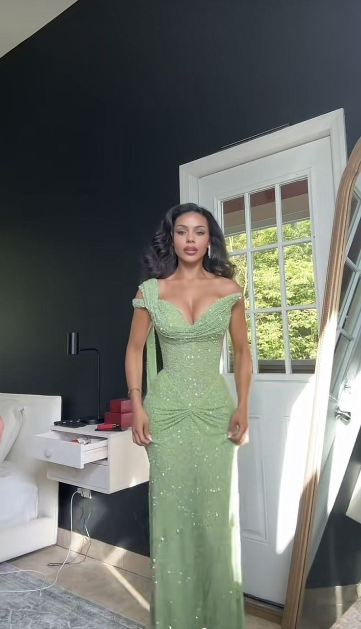 Glitter Mint Green Sequin One Shoulder Mermaid Prom Dress Side Slit Long Party Dress - View 3 | VelvetHem