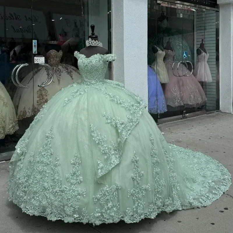 Charming Green Tulle Lace Appliques Ball Gown,off Shoulder Quinceanera Dress Party Birthday Dress - VelvetHem