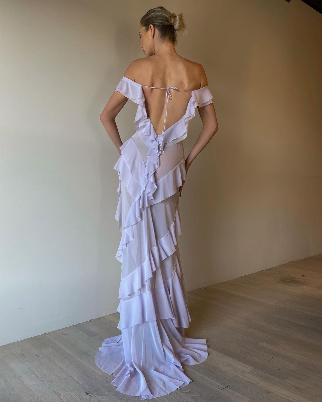 Sexy Off The Shoulder Pink Chiffon Ruffle Slit Long Party Dress Evening Gown Add Lining - View 8 | VelvetHem
