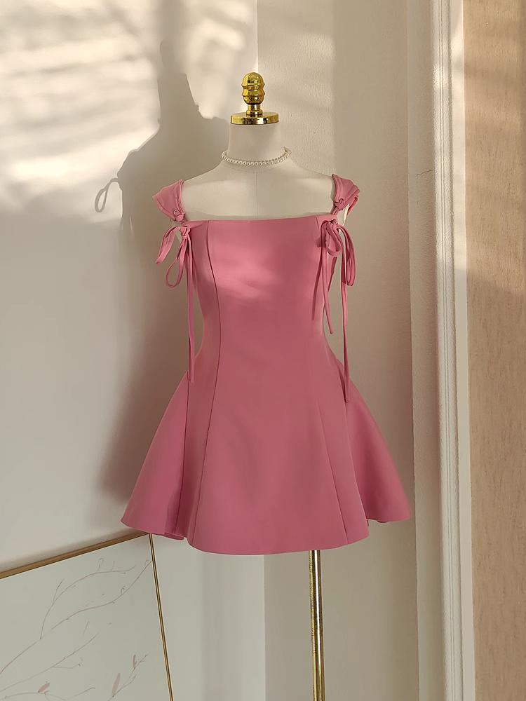Cute A Line Straps Pink Satin Short Homecoming Dresses Birthday Outfits - VelvetHem