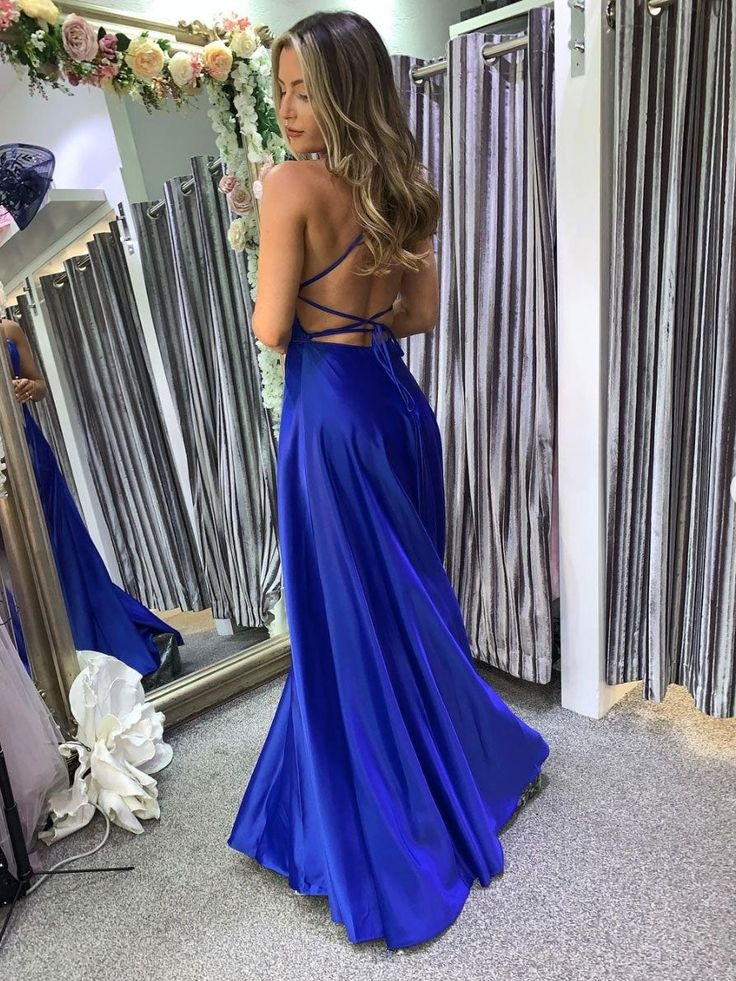 Simple blue satin long prom dress, blue satin evening dress - VelvetHem
