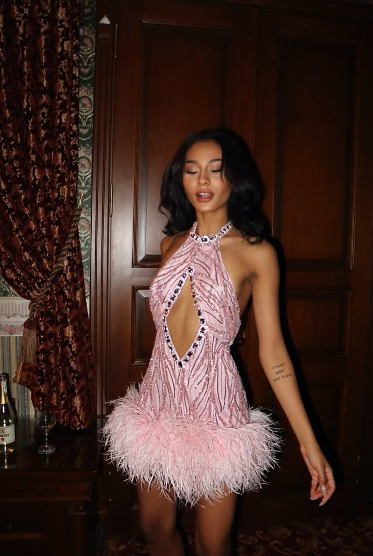 Pretty Halter Pink Sequin Feathers Sheath Cocktail Dress Formal Birthday Dress Homecoming Dress