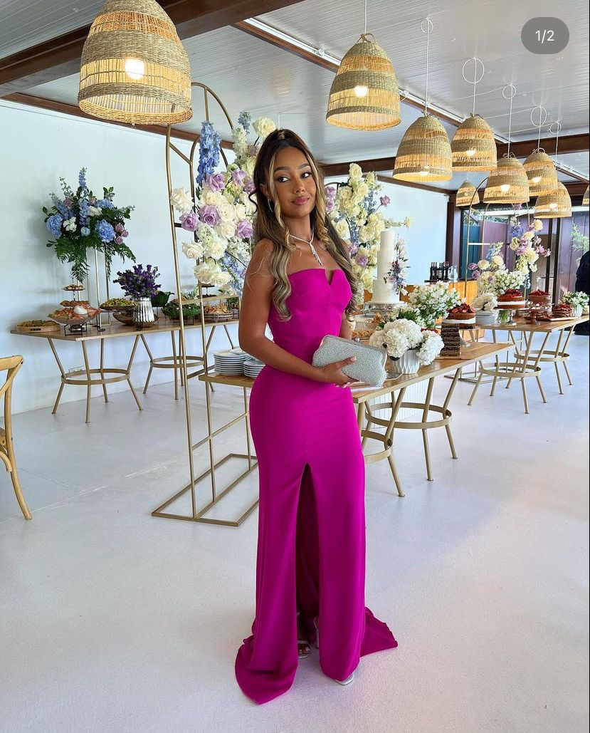 Elegant Fuchsia Strapless Sheath Evening Dress With Split Y5252 - VelvetHem