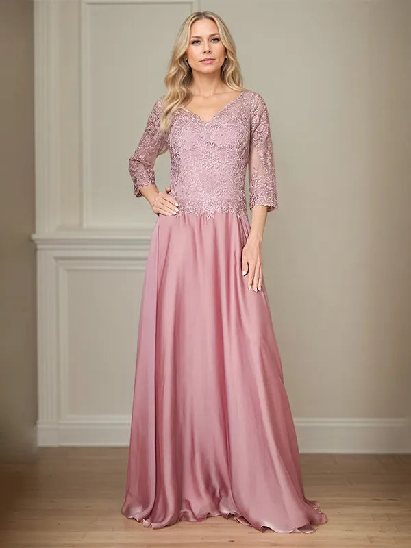 A Line Chiffon V Neck 3/4 Sleeves Floor-Length Mother Of The Bride Dress With Appliques - VelvetHem