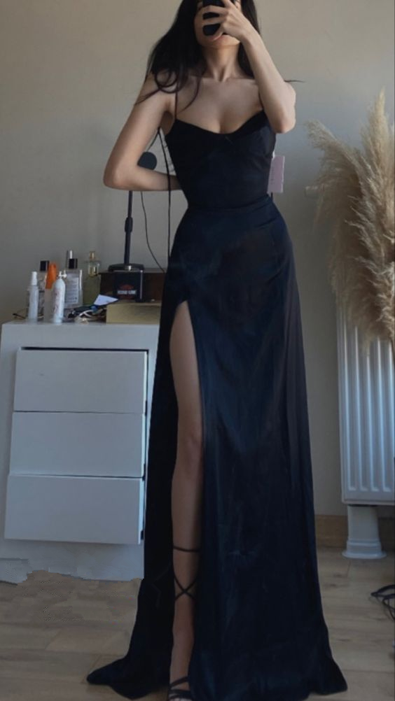 Sexy Spaghetti Straps Sleeveless Side Slit A-Line Long Prom Dress - VelvetHem