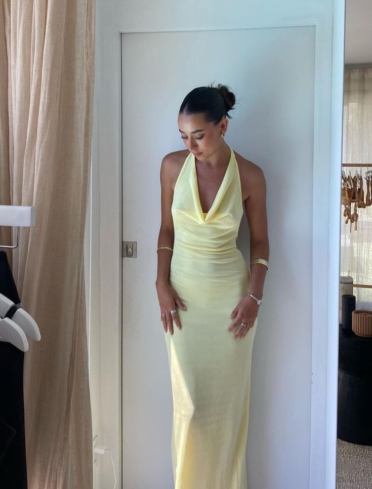Yellow Halter Sheath Long Prom Dress Party Gown - VelvetHem
