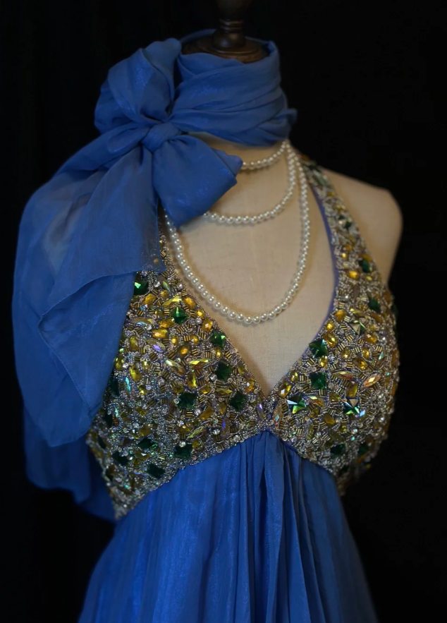 Vintage Blue Halter Beaded A Line Mini Party Dress Homecoming Dress Cocktail Dress - View 2 | VelvetHem