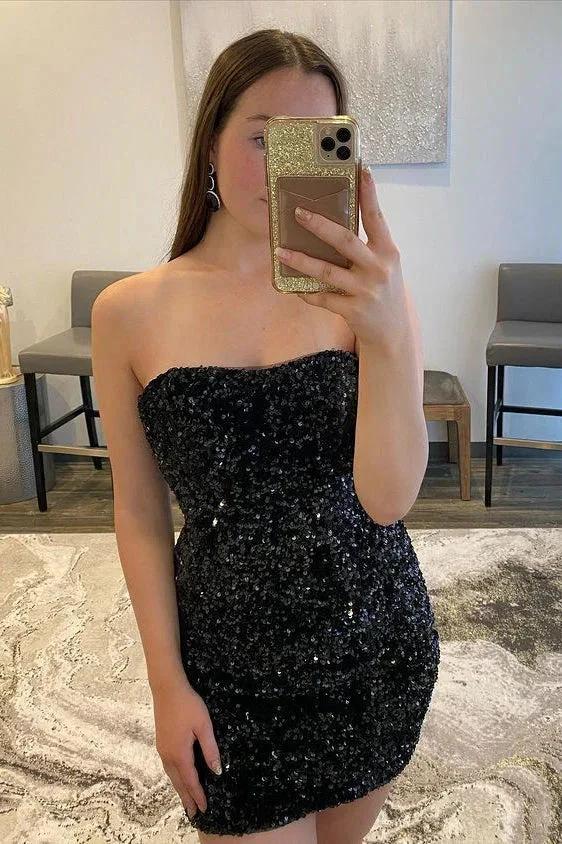 Beautiful Black Strapless Sequins Short Homecoming Dresses (ZD11571) - VelvetHem