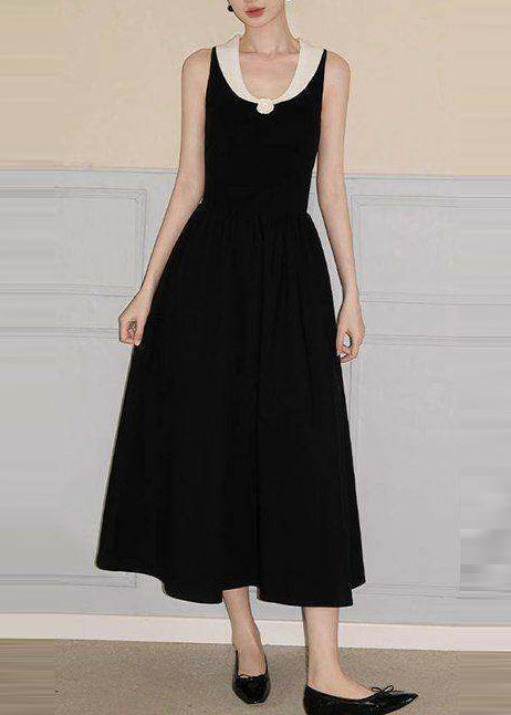 DIY Black Patchwork Flower Cotton Holiday Dress Sleeveless