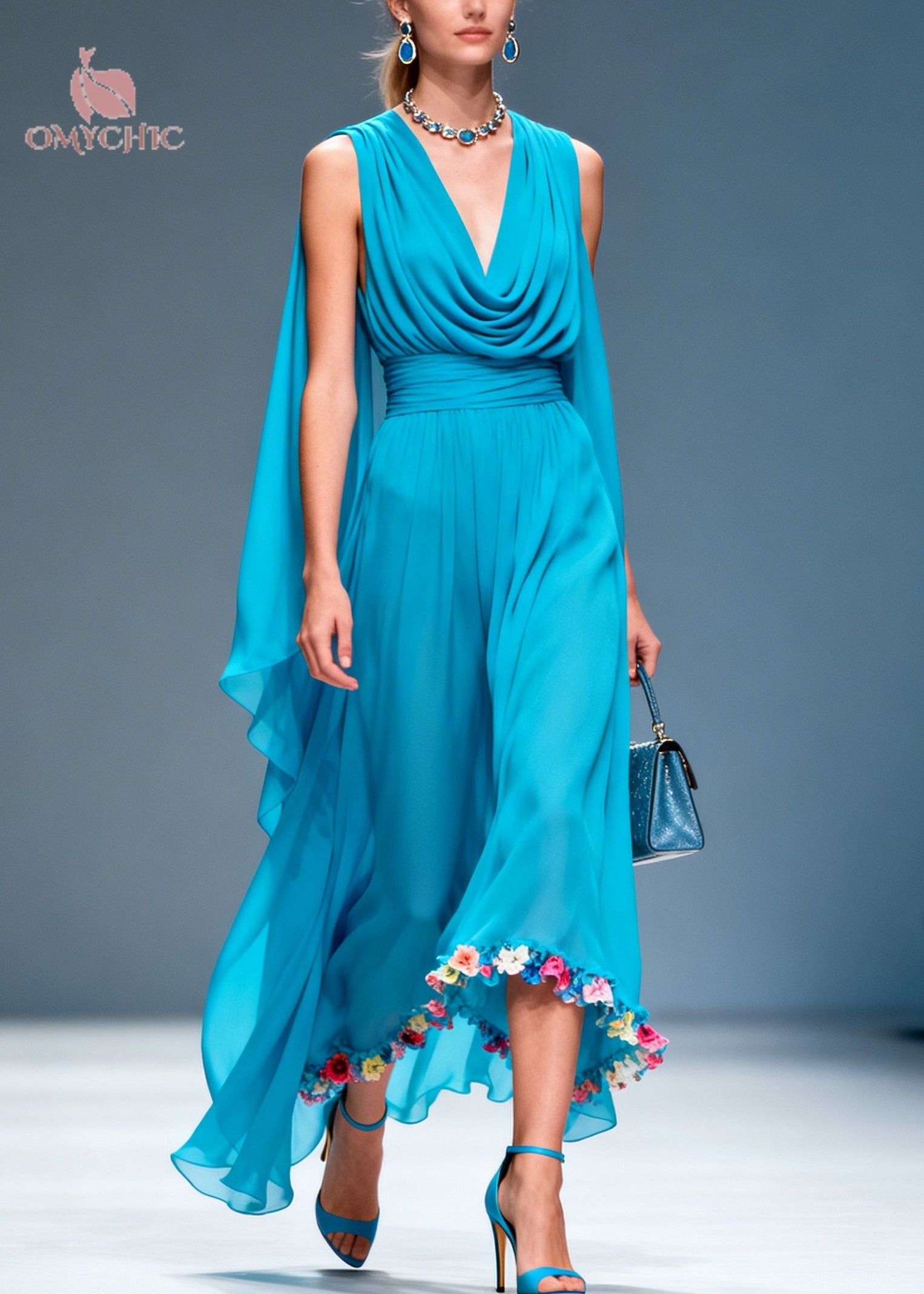 DIY Blue Turtle Neck Patchwork Flower Chiffon Dresses Summer