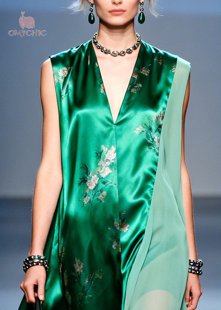 DIY Green Asymmetrical Patchwork Chiffon Holiday Dress Sleeveless