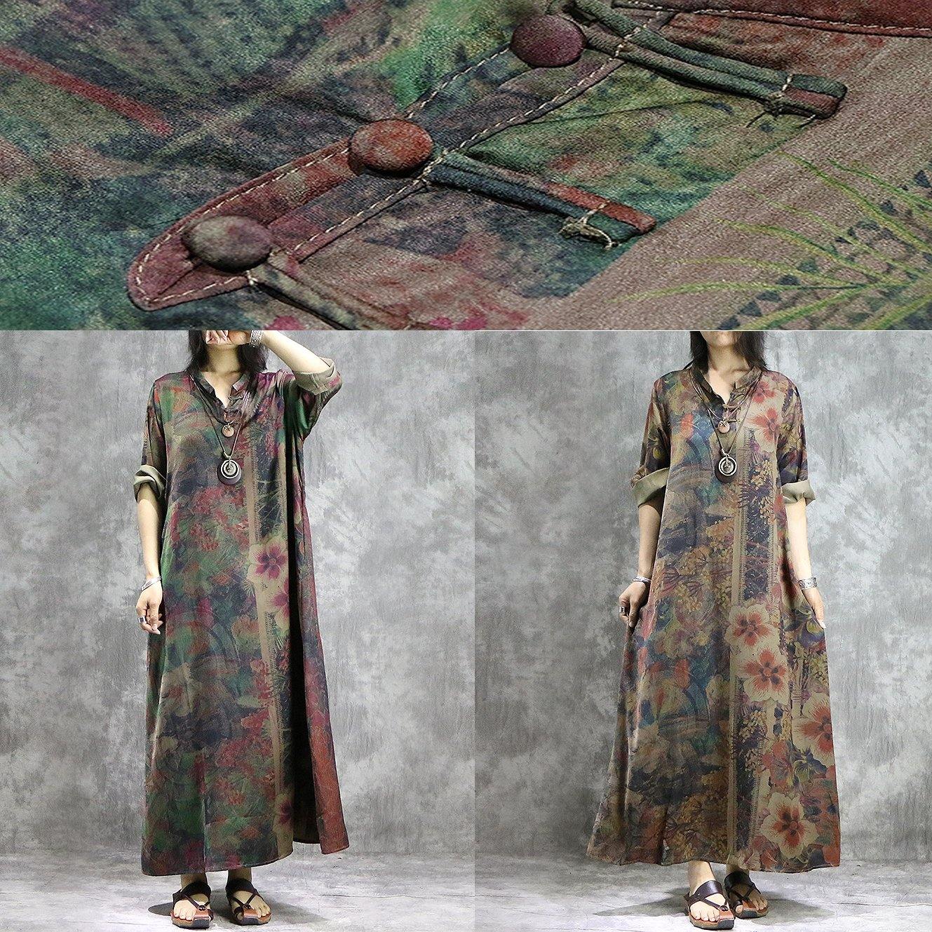 DIY asymmetric silk outfit plus size Photography green prints Kaftan Dresses summer